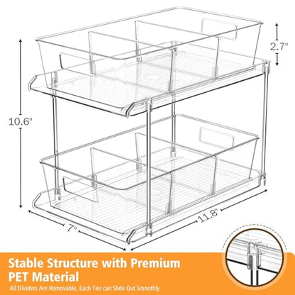 Bathroom Under Sink Organizers and Storage, 2 Tier, 2 Packs | Clear Vanity Countertop Pull-out Cabinet Organizer, Stackable Multi-Purpose Kitchen Pantry Organization with Dividers