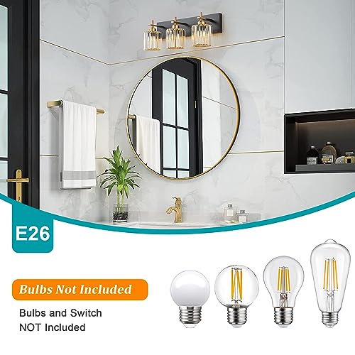 Modern Crystal Bathroom Vanity Lights, 3-Lights Black Gold Bathroom Light Fixtures Over Mirror, Crystal Vanity Light with Polished Gold Finish(Exclude Bulb) - color: Black Gold-Round Shade, size: 3-Light