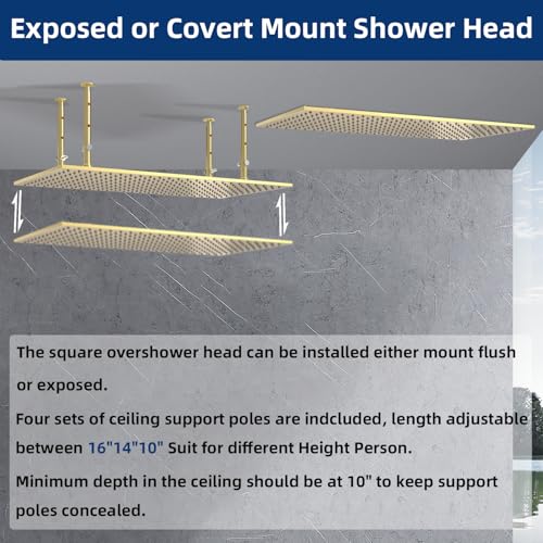 Dual Shower Heads System 16"x32" Ceiling Mount Rainfall and 6" Wall Mounted Shower Heads with 6 body Jets Thermostatic Shower Valve Full Body Shower System,Brushed Gold - color: Brushed Gold