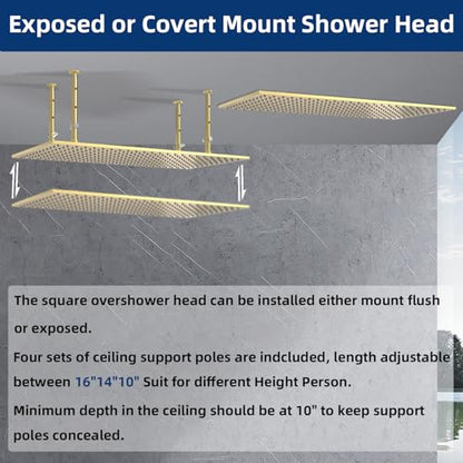 Dual Shower Heads System 16"x32" Ceiling Mount Rainfall and 6" Wall Mounted Shower Heads with 6 body Jets Thermostatic Shower Valve Full Body Shower System,Brushed Gold - color: Brushed Gold