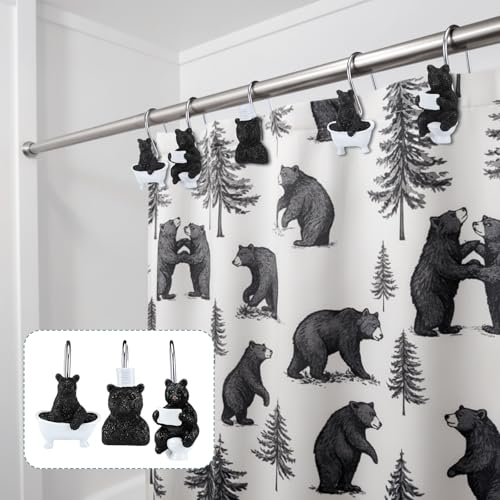 Roowest 12 Pcs Black Bear Shower Curtain Hooks Funny Bear Shower Curtain Hooks Stainless Steel Rust Resistant Rings Hangers for Winter Farmhouse Rustic Bathroom Decor - style: Black Bear