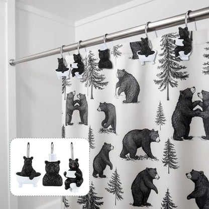 Roowest 12 Pcs Black Bear Shower Curtain Hooks Funny Bear Shower Curtain Hooks Stainless Steel Rust Resistant Rings Hangers for Winter Farmhouse Rustic Bathroom Decor - style: Black Bear