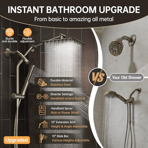 Veken All Metal 10" Luxurious Brushed Nickel Rain Shower Head with Handheld | Dual High Pressure Shower Heads, Power-wash Hand Held with Hose,Double Detachable Showerhead,Square Rainfall,Bathroom Upgrade - color: Brushed Nickel, size: 10 Inch