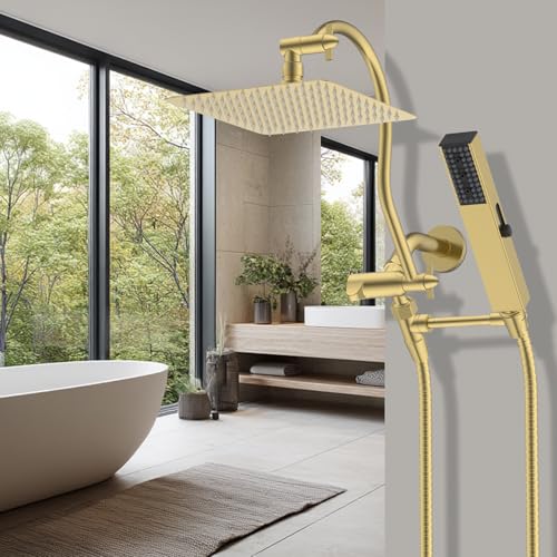 Hibbent All Metal cUPC Certified Shower Head, 10'' High Pressure Rainfall Shower Head Combo, Handheld Shower Wand, 12'' Adjustable Extension Arm, 4-Spray, 71'' Hose, Shower Holder, Brushed Gold - color: Brushed Gold, style: Square 10''
