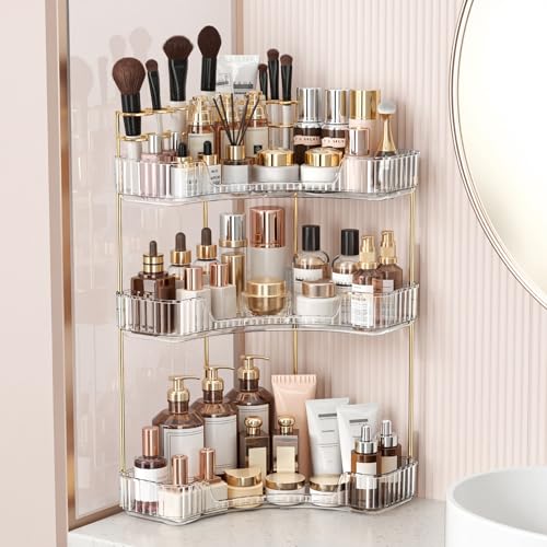 BEFSOP Corner Bathroom Counter Organizer, Upgraded 3-Tier Makeup Organizer Countertop with Makeup Brush Holder, Skincare Exquisite Vanity Organizers Countertop Bathroom Storage Dresser(CLEAR) - color: Clear, size: 3 Tier
