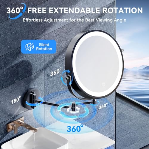 Auxmir 10″ 5000mAh 1X/30X Wall Mounted Lighted Magnifying Makeup Mirror | Double‑Sided Button, Rechargeable, 3 Dimmable Colors, 360° Rotation, Extended Arm, 30X Magnification, Bathroom, Black - color: 10'' 30x-black