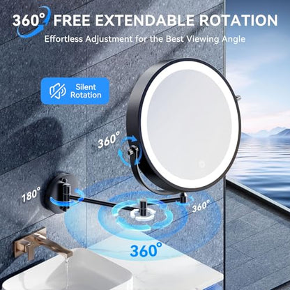 Auxmir 10″ 5000mAh 1X/30X Wall Mounted Lighted Magnifying Makeup Mirror | Double‑Sided Button, Rechargeable, 3 Dimmable Colors, 360° Rotation, Extended Arm, 30X Magnification, Bathroom, Black - color: 10'' 30x-black