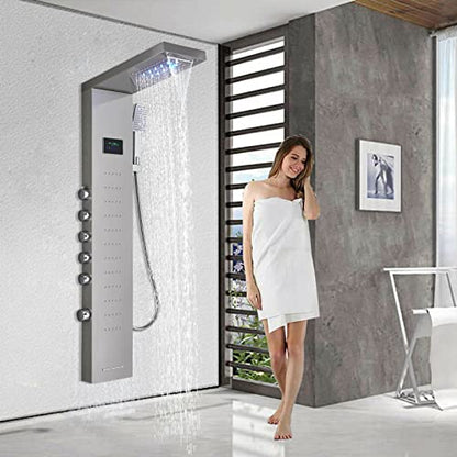 LED Light Shower Panel Tower Rainfall Waterfall Shower Head with Massager Jets Body System Jet