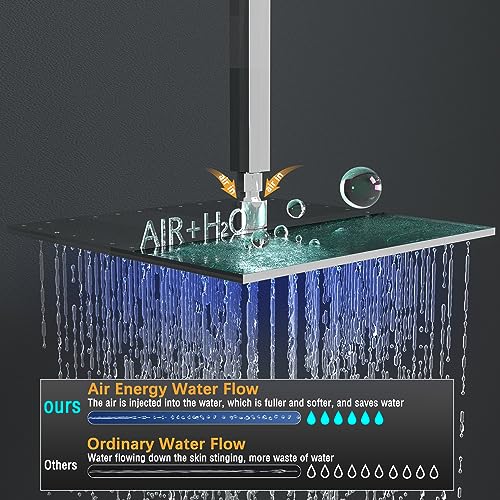 Enga Thermostatic Rain Shower System with Body Jets Push Button Diverter 12 Inch LED Rain Shower Ceiling Mounted Chrome Shower Faucet Set Can Use All Options at A Time - color: Chrome, style: Ceiling Mount-6 Jets