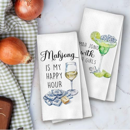 Mahjong Gifts Kitchen Towels Set - Mahjong Wine Decorative Waffle Dish Towels, Chinoiserie Mah Jong Martini Hand Towels, Alcohol Mah Jong Friends Gifts Tea Towel, 16×24 Inches Set of 2 - color: Mahjong-03