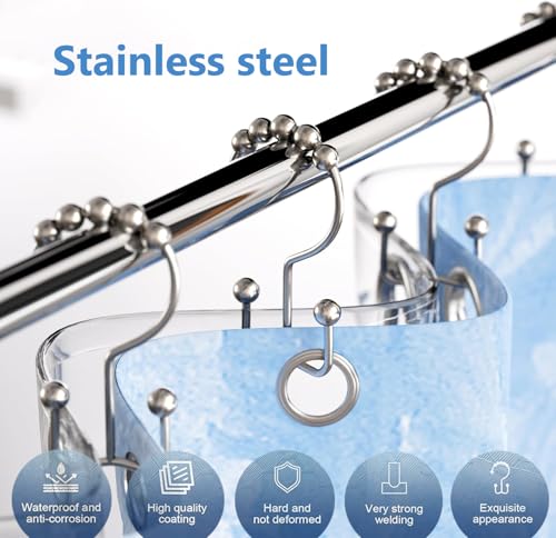 12PCS Double Sided Shower Curtains Hooks,Metal Rust Proof/Free 304 Stainless Steel Metal Shower Curtain Rings,Smooth Gliding Chrome Double Shower Hooks Hangers for Bathroom Shower Curtain Rod,Silver