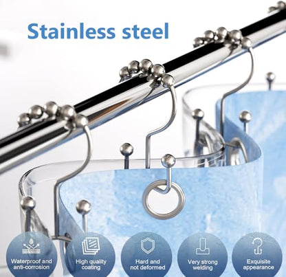 12PCS Double Sided Shower Curtains Hooks,Metal Rust Proof/Free 304 Stainless Steel Metal Shower Curtain Rings,Smooth Gliding Chrome Double Shower Hooks Hangers for Bathroom Shower Curtain Rod,Silver