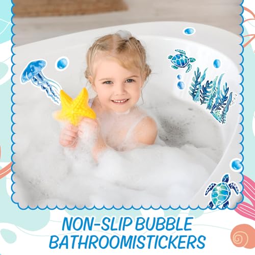 AnyDesign Non-Slip Bathtub Stickers Under The Sea Adhesive 20Pcs Blue Ocean Animal Seaweed Turtle Anti Slip Shower Tread Adhesive Applique Decal with Scraper for Summer Bathroom Floor