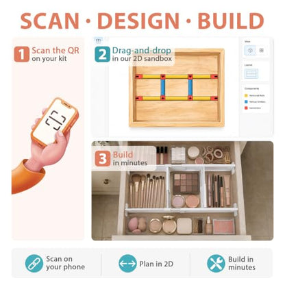 Adjustable Drawer Dividers for Small & Junk Drawers - Starter Kit | Slim interlocking grid for vanity, makeup, desk & bathroom; 3D guide shows where each piece goes; expandable, tool-free