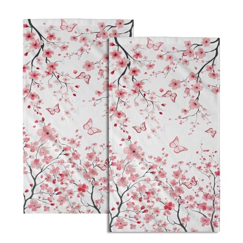 Giwawa Cherry Blossom Hand Towel 2pc Absorbent Pink Butterfly Floral Fingertip Towel for Bathroom Kitchen - color: Cherry Blossom Pink, size: 28.3" x 14.4"(Pack of 2)