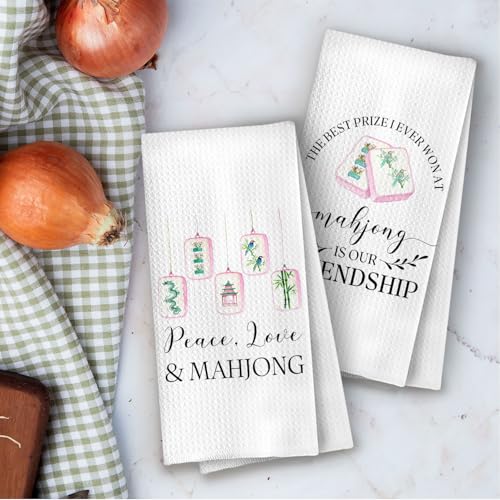 Mahjong Gifts Kitchen Towels Set - Mahjong Decorative Waffle Dish Towels, Mah Jong Hand Towels, Mah Jong Friends Gifts Tea Towel, 16×24 Inches Set of 2 - color: Mahjong-01