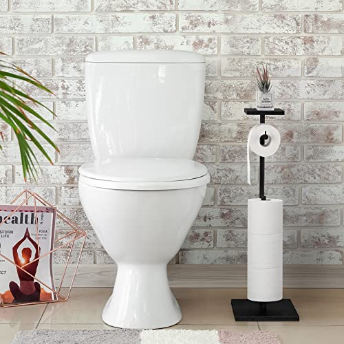 Toilet Paper Holder Free Standing Black Bathroom Toilet Paper Holder Stand with Storage Shelf, Freestanding Roll Tissue Holders Dispenser for Reserve Spare Mega Rolls - color: Black