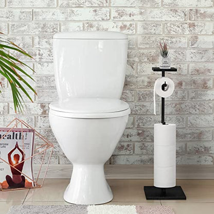 Toilet Paper Holder Free Standing Black Bathroom Toilet Paper Holder Stand with Storage Shelf, Freestanding Roll Tissue Holders Dispenser for Reserve Spare Mega Rolls - color: Black