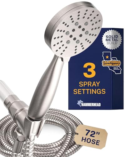 HammerHead Showers Solid Metal 3-Spray Handheld Shower Head with Long Hose and Holder, High Pressure, Wide/Massage/Mist Sprays, Brushed Nickel, 1.75 GPM - color: Brushed Nickel, size: 1.75 GPM California