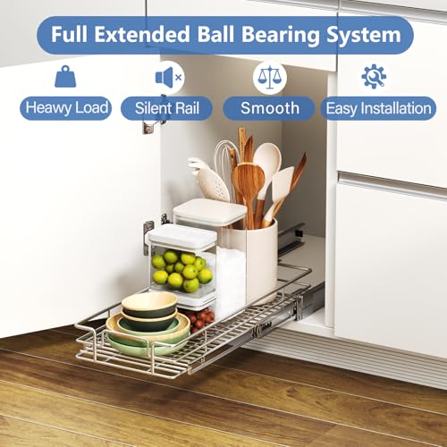 ROOMTEC Pull Out Cabinet Organizer, Single Tier, Black, Kitchen, 9" W x 21" D x 3.5" H, Heavy Duty Slide Out Shelves - color: 1 Tier, size: 9"W x 21½"D