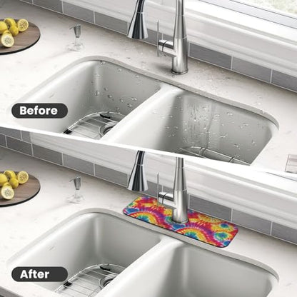Abstract Colorful Tie Dye Kitchen Sink Splash Guard Faucet Mat Super Absorbent Fast Drying Mat Sink Gadgets-Fast Drying Pad Sink Mat For Kitchen Bathroom (15" X 5.5" ) - color: Tie Dye