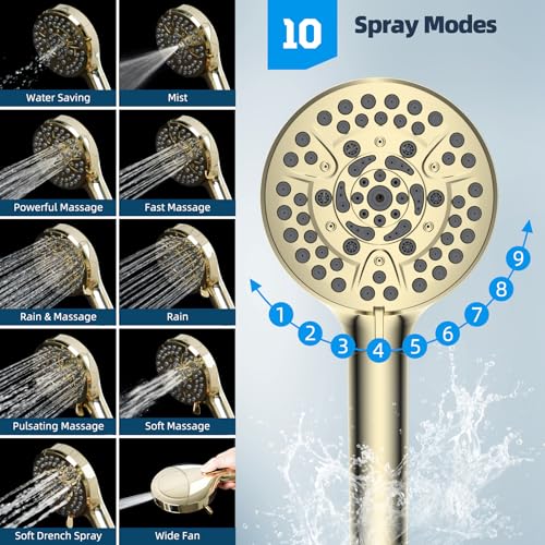 Hibbent All Metal CUPC Certified Shower Head, 10'' High Pressure Rainfall Shower Head, Handheld Showerhead Combo, 12'' Adjustable Extension Arm, 10 Sprays, 71'' Hose, Shower Holder, Polished Brass - color: Polished Brass, style: Square 10''