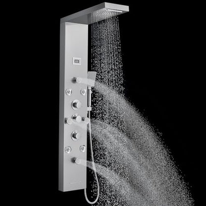 ROVOGO Shower Panel Tower System with 6 Shower Modes, Simultaneous Function | Rainfall Waterfall Shower Head, 2-Type Body Jets, Handheld, Tub Spout, Battery Powered Temp Display, Stainless Steel, Brushed