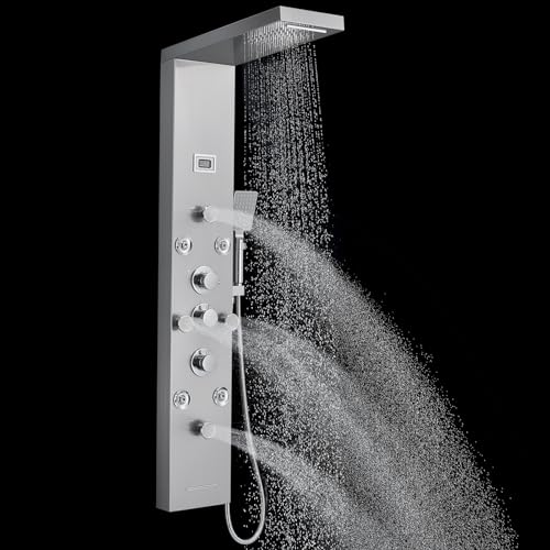 ROVOGO Shower Panel Tower System with 6 Shower Modes, Simultaneous Function | Rainfall Waterfall Shower Head, 2-Type Body Jets, Handheld, Tub Spout, Battery Powered Temp Display, Stainless Steel, Brushed