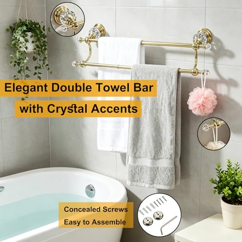 Gold Crystal Double Towel Bar, Adjustable Towel Racks for Bathroom | Polished Gold Towel Bar for Bathroom Wall Mounted Fits 18-30 Inch Wall Space, Stainless Steel Towel Rod Holder - color: Gold Towel Bar
