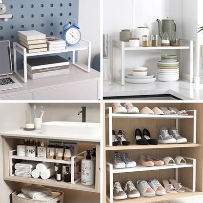 Expandable Cabinet Shelf Organizer Stackable Metal Storage Rack, Adjustable Width & Height Countertop Spice Rack, Heavy Duty Pantry Cupboard Under Sink Organizer for Kitchen Bathroom Office