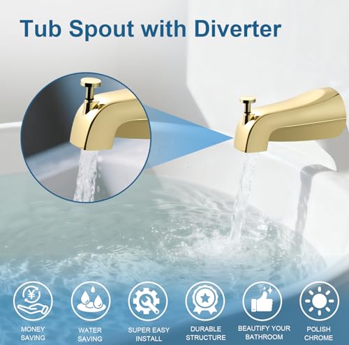 Universal Gold Tub Spout for 1/2" Copper Pipe, 1/2" IPS and 3/4" IPS, Bathtub Faucet with Diverter and Adapter and Hex Wrench (Polished Gold) - color: Polished Gold