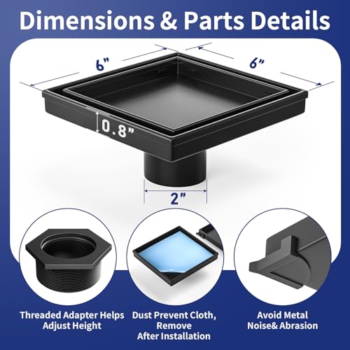 Square Shower Drain, 304 Stainless Steel Floor Drain 6" | with Tiled Insert Grate & Hair Strainer, Bathroom 2-in-1 Tiled in Drain, CUPC Certified - color: Matte Black, size: 6''