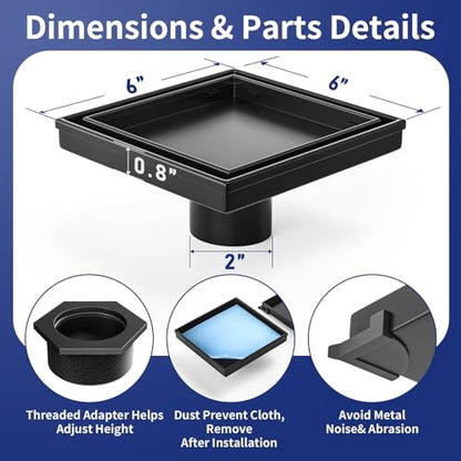 Square Shower Drain, 304 Stainless Steel Floor Drain 6" | with Tiled Insert Grate & Hair Strainer, Bathroom 2-in-1 Tiled in Drain, CUPC Certified - color: Matte Black, size: 6''