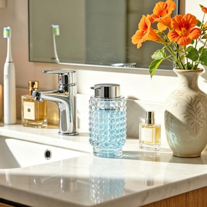 Foaming Soap Dispenser, Clear Glass Foam Soap Dispenser with Silver Pump, 12 Oz Refillable Bathroom Lotion Container Pump Bottle for Bathroom Kitchen Countertop - color: Transparent and Silver