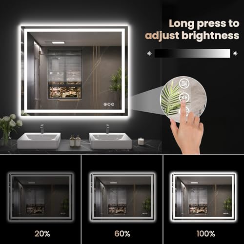 Snowdool 48 x 32 in LED Bathroom Mirror, Front and Backlit, Anti-Fog | Front and Backlit, 3 Color Temperatures, Anti-Fog, Tempered Glass - size: 32"L x 48"W