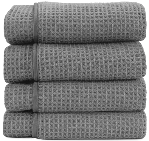 S&T INC. Aura Waffle Bath Towels, 4 Pack, 30" x 60", Grey | Quick-Dry, 420GSM, Absorbent Microfiber, Lightweight, Sewn-In Hang Loop, Compact for Home, Gym, and Travel - color: Grey