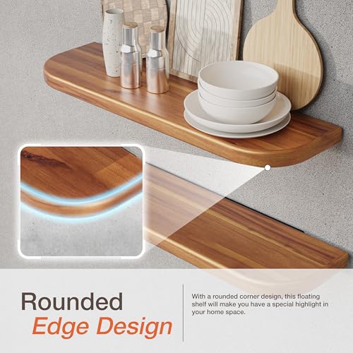 BATODA 24" Acacia Wood Floating Shelves Wall Mounted (Round Edge) – Rustic Farmhouse Wooden Wall Storage Shelf for Bedroom, Kitchen - Brackets and Shelving Hardware Included (Acacia,24 Inch Length) | 100 LBS Capacity, Hidden Brackets, Thick Shelf Design,