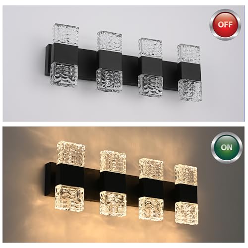 MELUCEE LED Bathroom Vanity Light 32W Crystal Vanity Light Bar 23.6 in | Modern Black Bathroom Light Fixtures Crystal Wall Sconce for Bath Powder Room Entryway, 3000K Warm Lighting - color: Black, size: 4 Lights