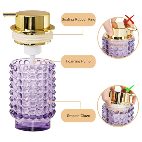 Glass Foaming Soap Dispenser, Purple Foam Hand Soap Dispenser, Bathroom 12 Oz Large Bottle with Gold Pump, Refillable Lotion Pump Container for Bathroom, Kitchen,Hand Soap, Dish Soap, Shampoo - color: Purple