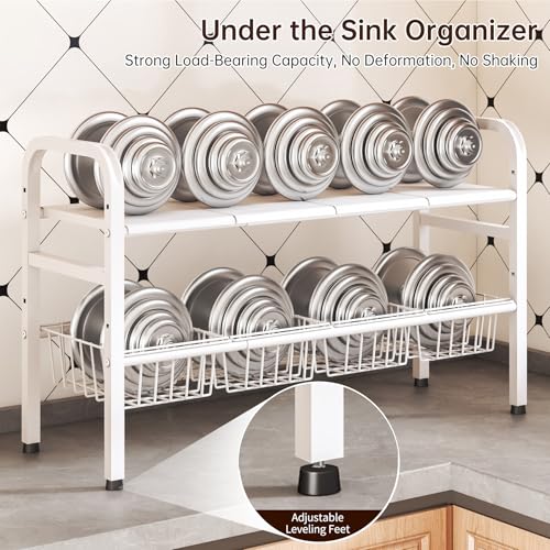 2 Tier Under Sink Organizer Expandable Length/Height Adjustable Heavy | removable panels & baskets, 150% capacity boost, 50lb steel, anti-wobble feet, fits kitchen/bath/laundry, easy set up