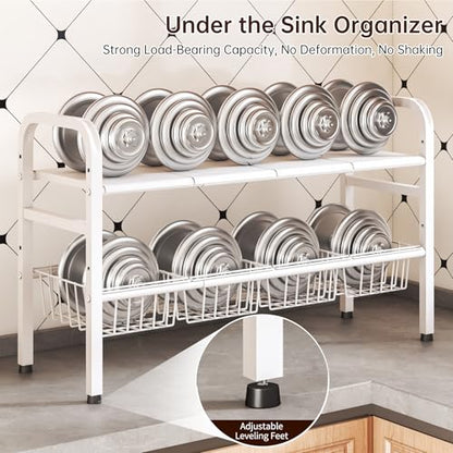 2 Tier Under Sink Organizer Expandable Length/Height Adjustable Heavy | removable panels & baskets, 150% capacity boost, 50lb steel, anti-wobble feet, fits kitchen/bath/laundry, easy set up