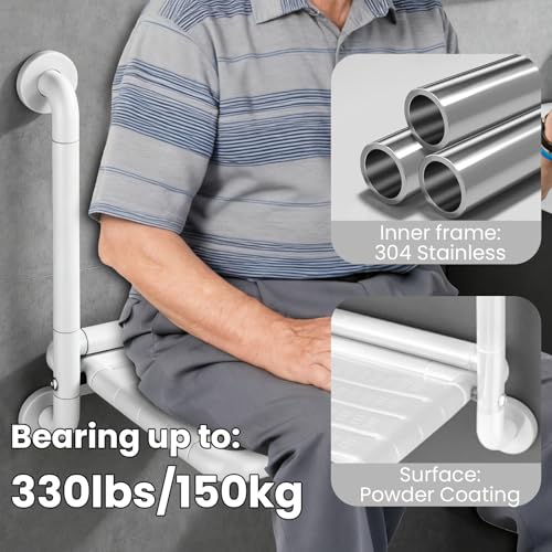 16-Inch Wall Mounted Shower Seats with Armrests, Space-Saving Foldable Shower Bench for Small Bathrooms, Safety Wall-Mounted Foldable Shower Chair with Reflective Strips, Holds up to 330 lbs