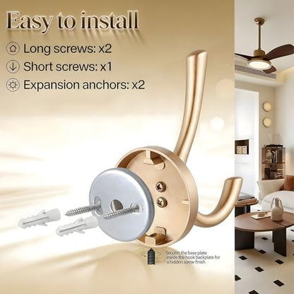 Matte Gold Towel Hooks 4 Pack, Heavy Duty Zinc Alloy Double Prong Coat Robe Hooks, Wall Mounted Towel Hooks for Bathroom, Kitchen, Closet, Garage, Entryway (195gold) - color: Brushed gold