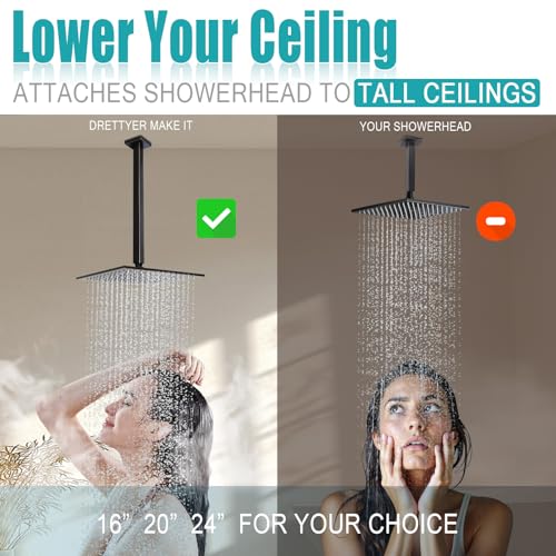 Oil Rubbed Bronze Shower Arm with Flange and Teflon Tape for High Ceiling Fixed Rain Showerhead, Universal Connection 16-inch Square Straight Shower Head Extender Extension Pipe, 304 Stainless Steel - color: Oil Rubbed Bronze, style: 16inch