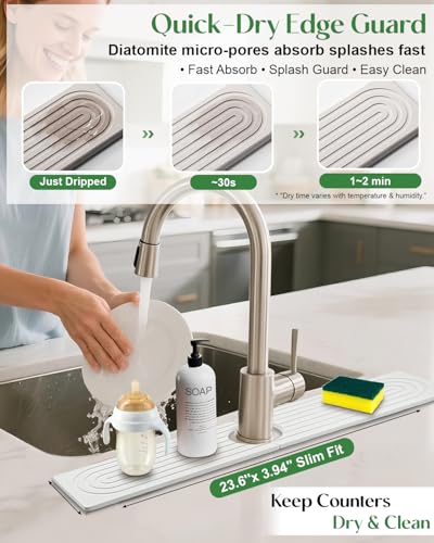 Stone Drying Mat for Kitchen Faucet: Diatomite Stone Drying Tray - Fast Water Absorbent Kitchen Sink Splash Guard for Bathroom Faucet & Counter - Ideal for Moms & Housewife (White, 23.6" x 3.94")