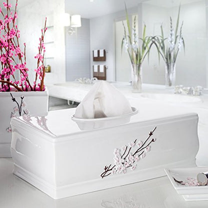 Creative Scents Vanda Rectangle Tissue Box Cover with Bottom Slider | White Tissue Box Holder Rectangular Cherry Blossom Design White Bathroom Accessories Decor - style: Rectangle Tissue Box