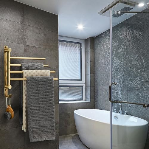 ZHOUXIAO Premium Brass Swing Out Towel Bar Holder Wall-Mounted/Swivel Towel Rack Hanger Organizer for Bathroom, 4-Bar Towel Bar Folding Arm Swivel Hanger Bathroom Storage Brushed Gold
