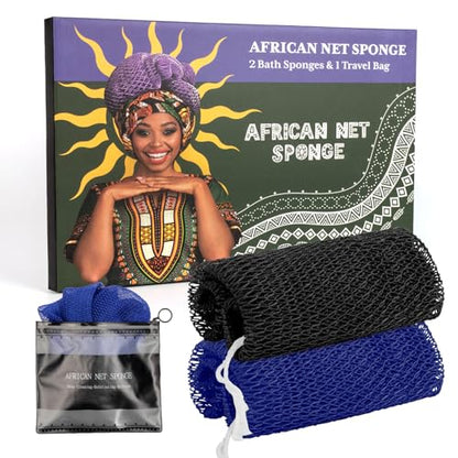 Bathway African Net Sponge Authentic (Set of 2), Exfoliating Body Scrubber | Exfoliating Net Sponge, Bath Sponge, Effective Exfoliation, Quick Dry, Blue & Black - color: Blue & Black