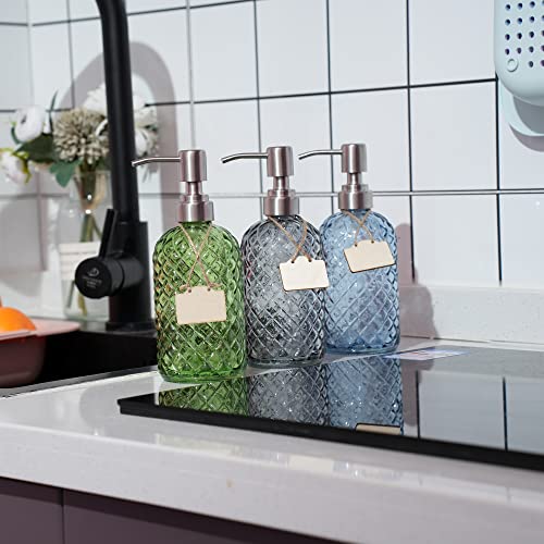 16 oz Diamond Pattern Glass Soap Dispenser, Kitchen and Bathroom Refillable Soap Dispenser with Rust Resistant Stainless Steel Pump for Hand Soap, Lotion Glass Liquid Dispenser (Grey) - color: Gray