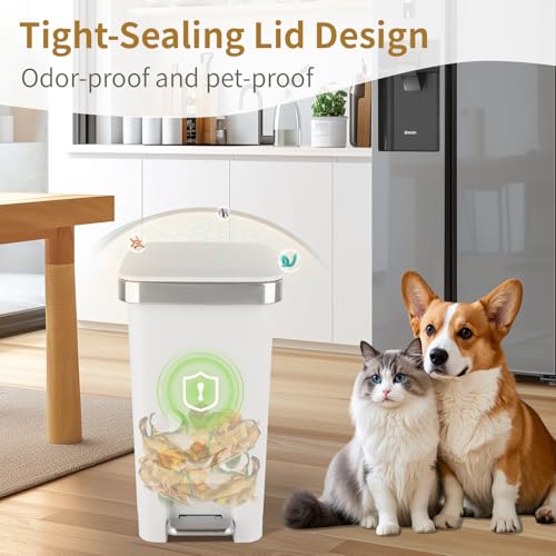Small Bathroom Trash Can with Lid and 3 Rolls Trash Bags, Step Pedal Wastebasket Plastic Garbage Can with Pop-Up Lid 2.6 Gallon Bin for Kitchen, Bedroom, Office, Dorm, Laundry, Toilet, Rv, White - color: White